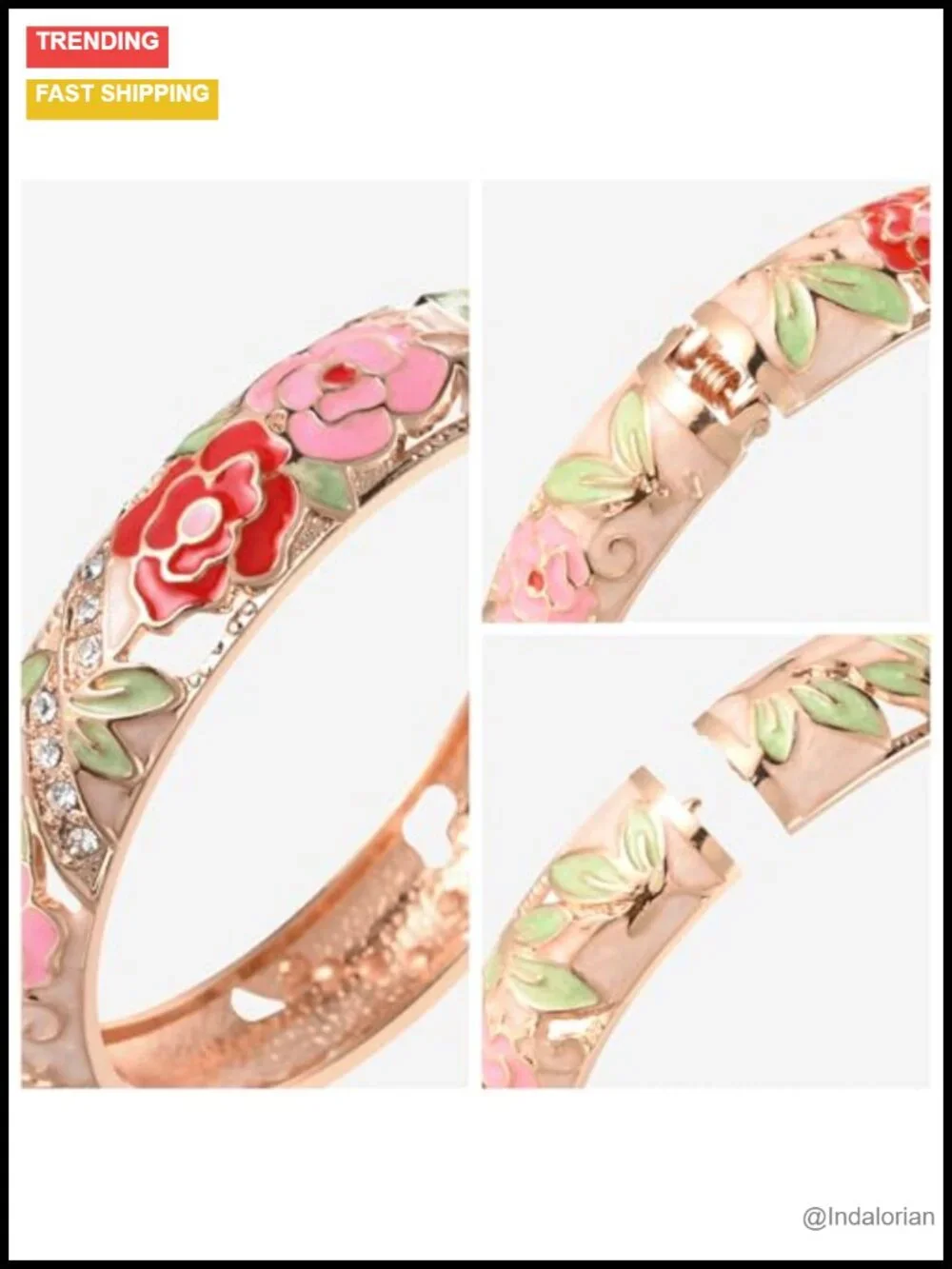 Cloisonne Enamel Hinged Cuff Bangle Bracelet 2 Piece Set